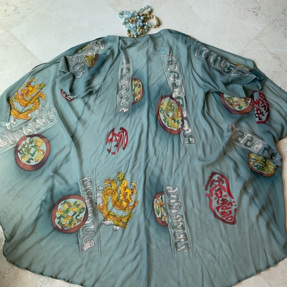 Sheer Silk Chiffon Blue Dragon Print Kimono Duster XLG NWT - Picture 2 of 7